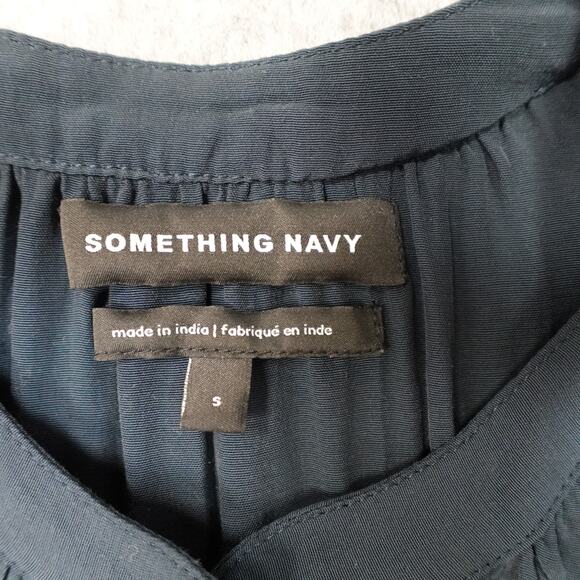 Something Navy Top Womens Small Button Front Crew Balloon Long Sleeve Blouse - Picture 3 of 9